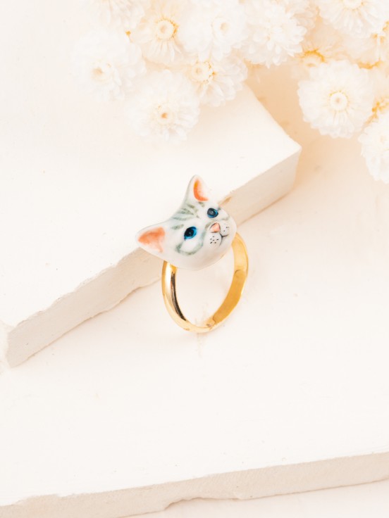 hand painted porcelain ring animal tabby grey cat