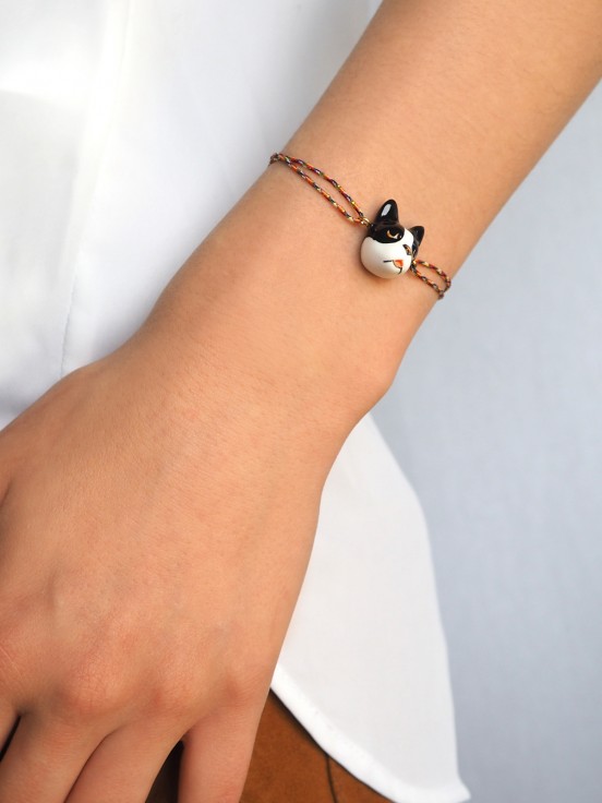 adjustable bracelet in hand painted porcelain and cotton animal bouledoque