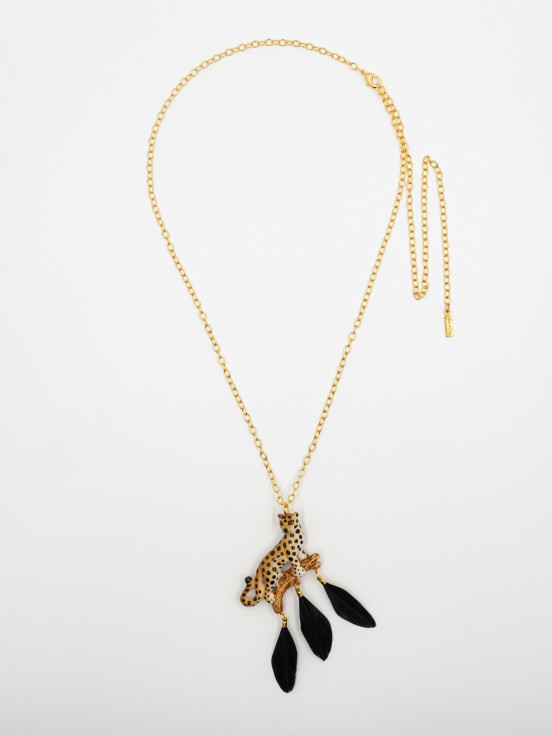 gold necklace leopard black feathers porcelain