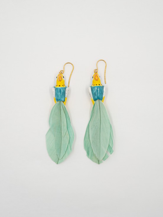blue and yellow parrot feathers earrings