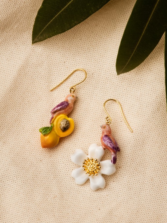 Parrot, peach and flower earrings