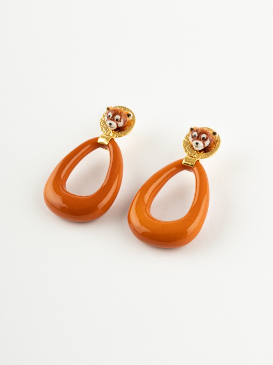 Earrings drop oval porcelain terracotta handmade red panda animal