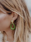 Earrings drop oval green porcelain handmade leaf vegetation