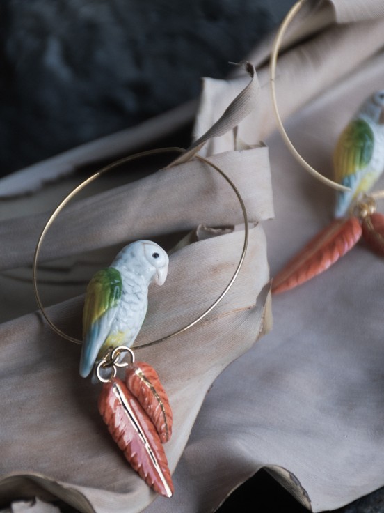 Hoops with handmade porcelain parrot