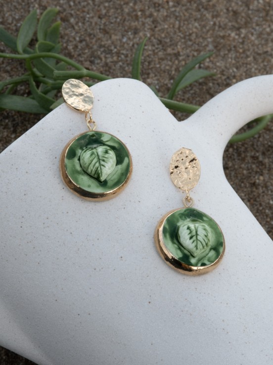 Handmade porcelain leaf relief earrings