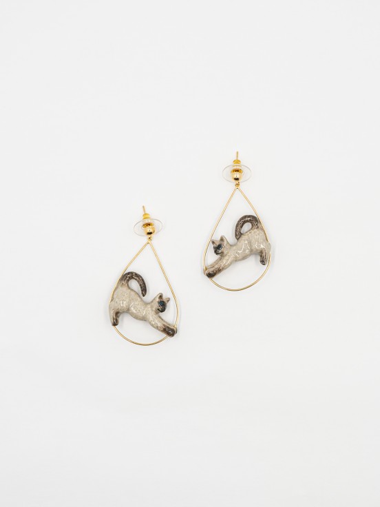 Gold earrings pendant siamese cat white and gray porcelain