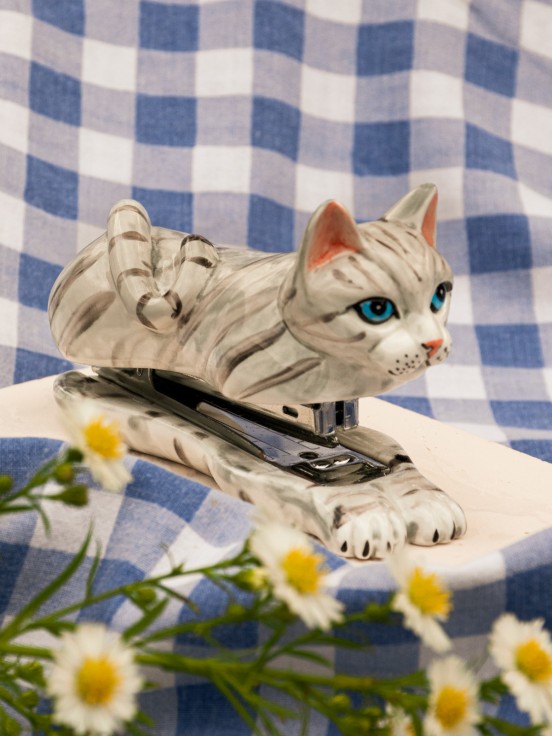 stapler cat grey tabby in hand painted porcelain