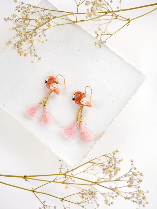 Flamingo with pompoms earrings