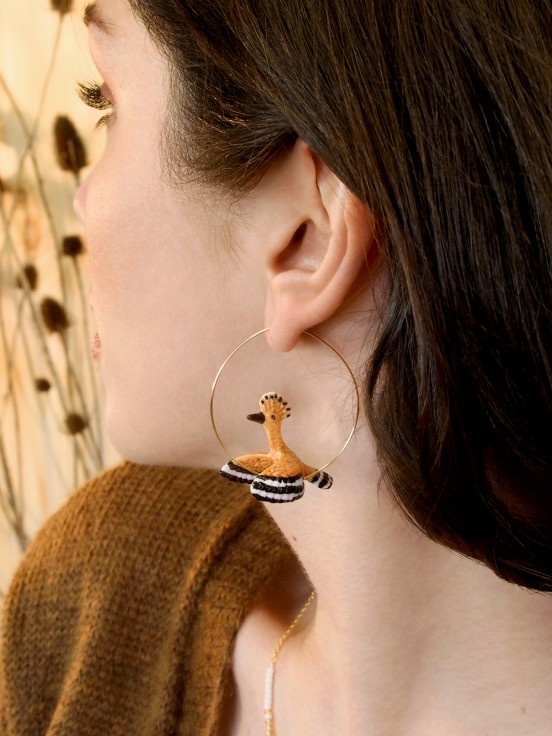 jewel earrings creole animal bird hoopoe in hand painted porcelain