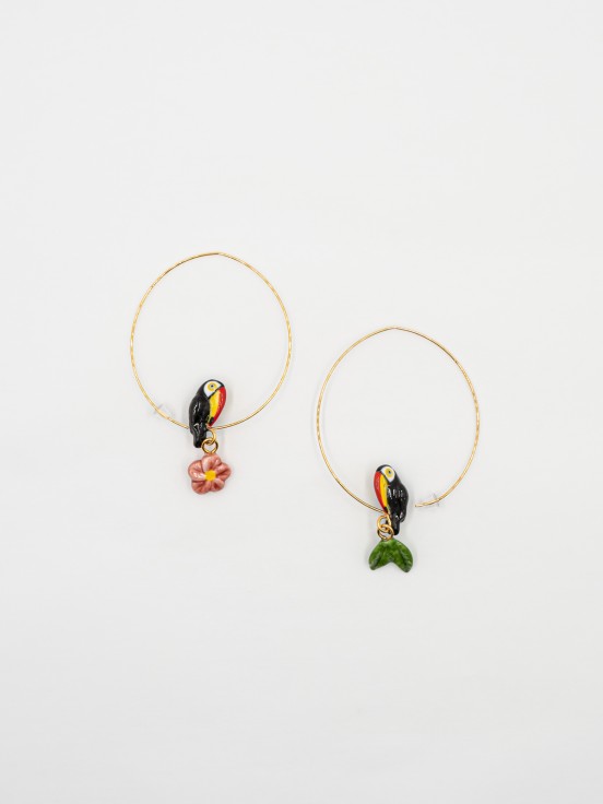 Toucan leaf flower hoops earrings porcelain hand painted
