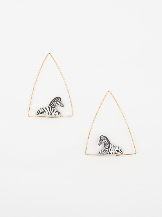 Zebra triangle earrings hoops hand painted porcelain