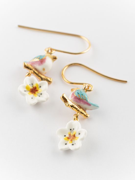 Blue bird & pear tree flower earrings