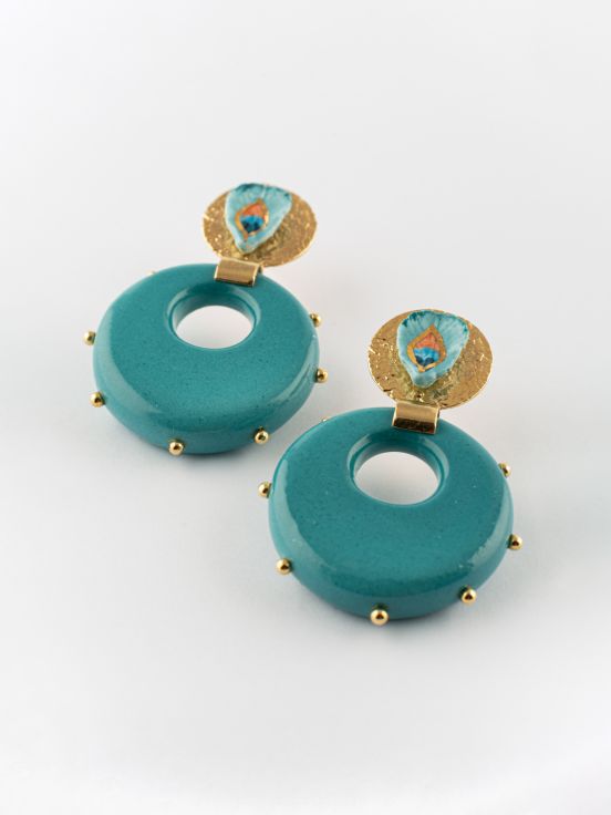 Peacock feather & studded porcelain earrings