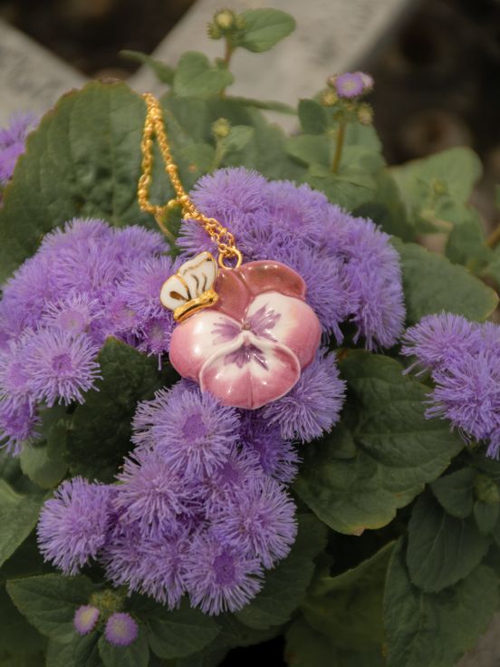Pansy & purple butterfly necklace