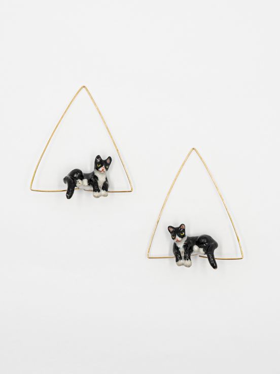 Black & white cat triangle earrings