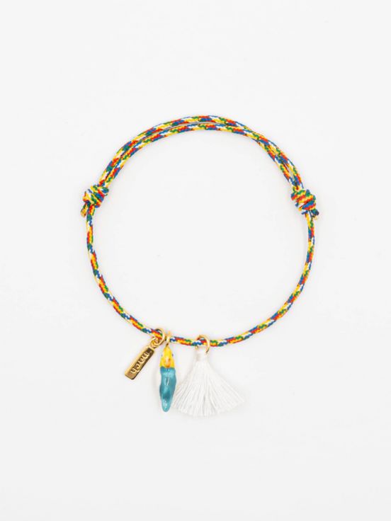 Blue budgerigar bird with pompom multicolour charm's bracelet