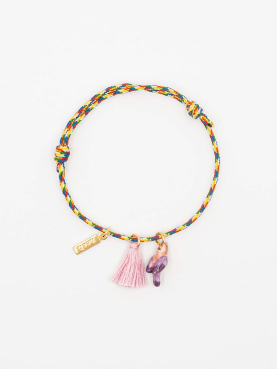 Purple parrot with pompom multicolour charm's bracelet