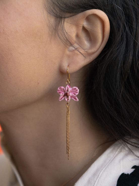 Boucles d'oreilles orchidée rose avec franges