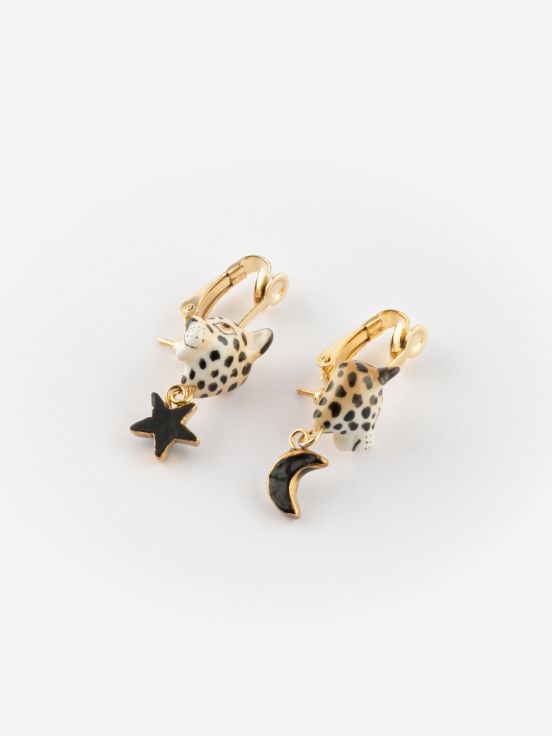 Leopard, star & moon clip on stud earrings
