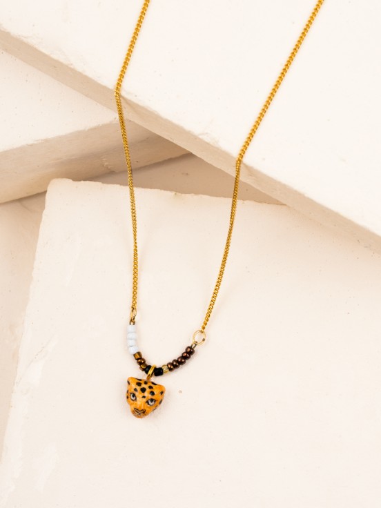 necklace with beads and hand painted leopard porcelain