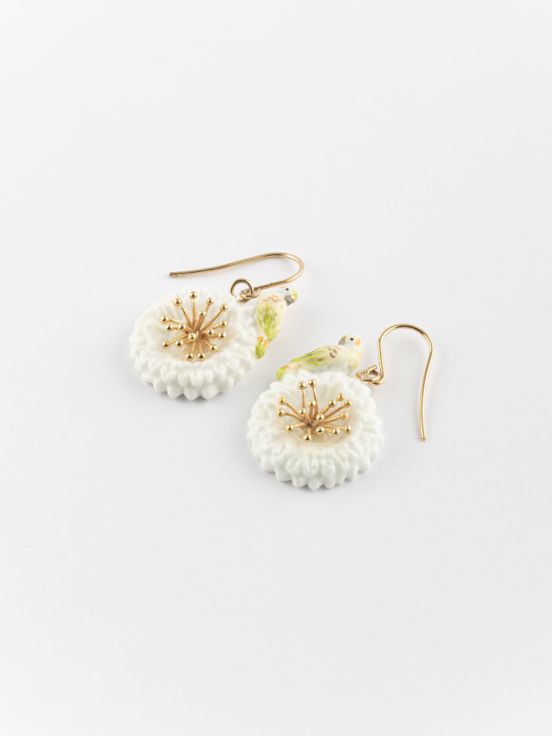 Budgerigar on white dandelion earrings