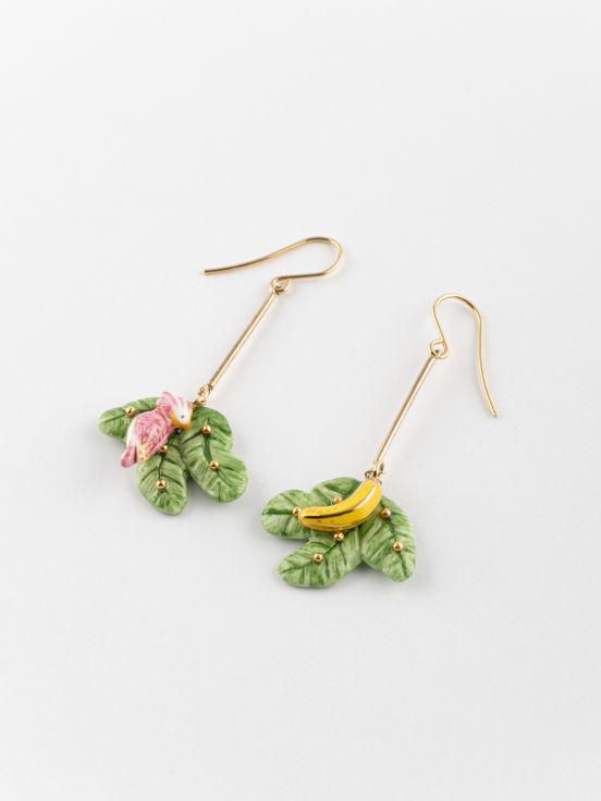 Banana tree leaf, cockatoo & banana earrings