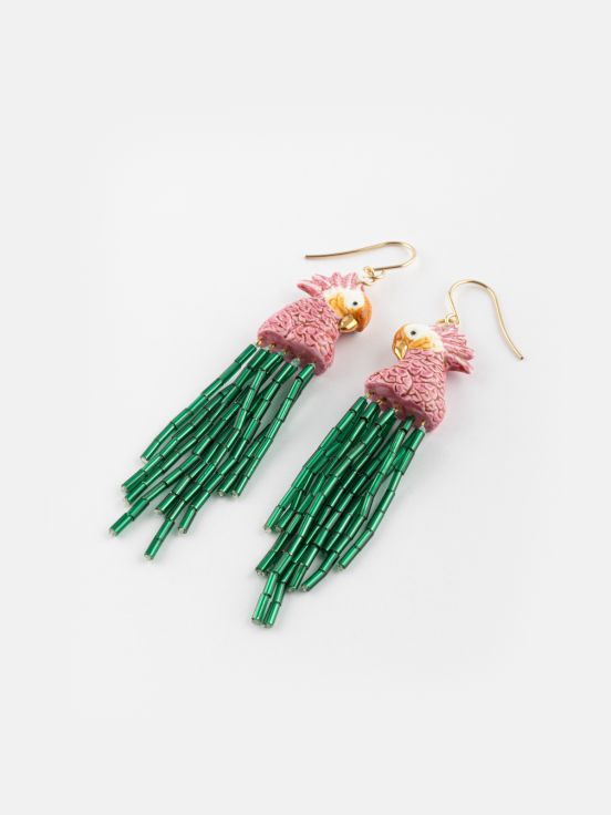 Green beads & cockatoo earrings