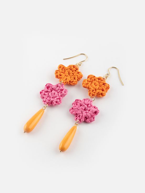 Boucles d'oreilles fleurs en raphia & goutte orange