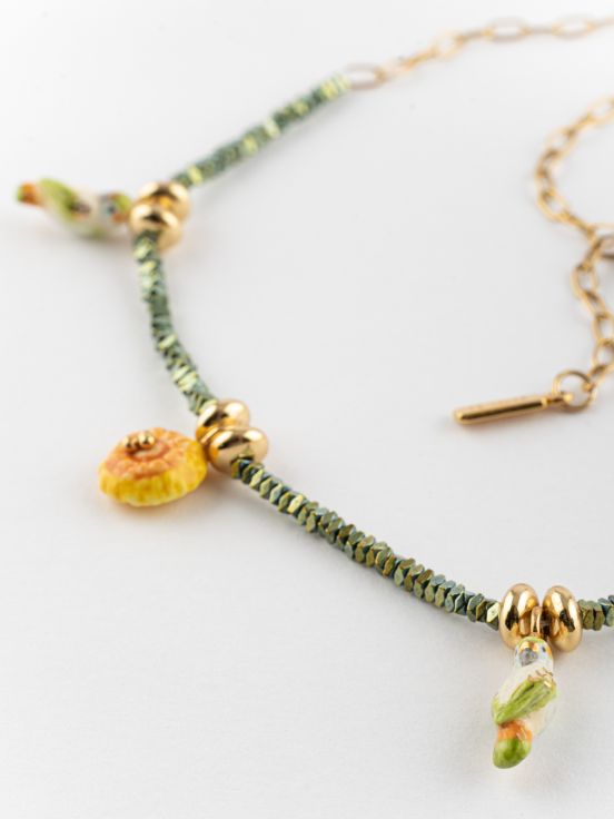 Hematite beads budgerigars & dandelions necklace