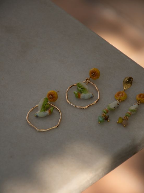 Dandelion & budgerigar hammered earrings