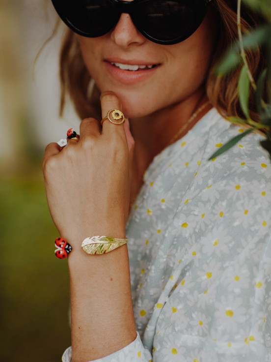 Ladybird and leaf golden brass bracelet