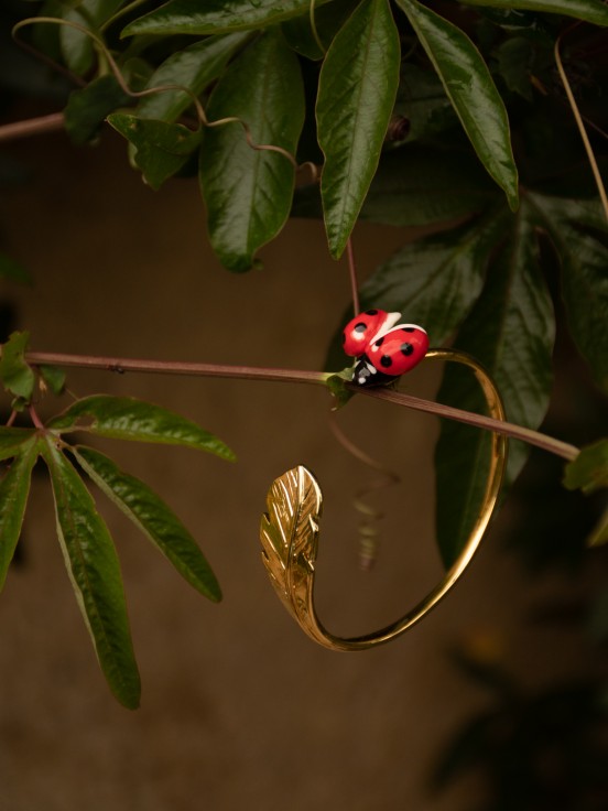 Ladybird and leaf golden brass bracelet