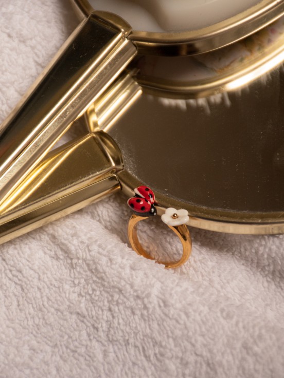 White flower ladybug ring porcelain gold brass
